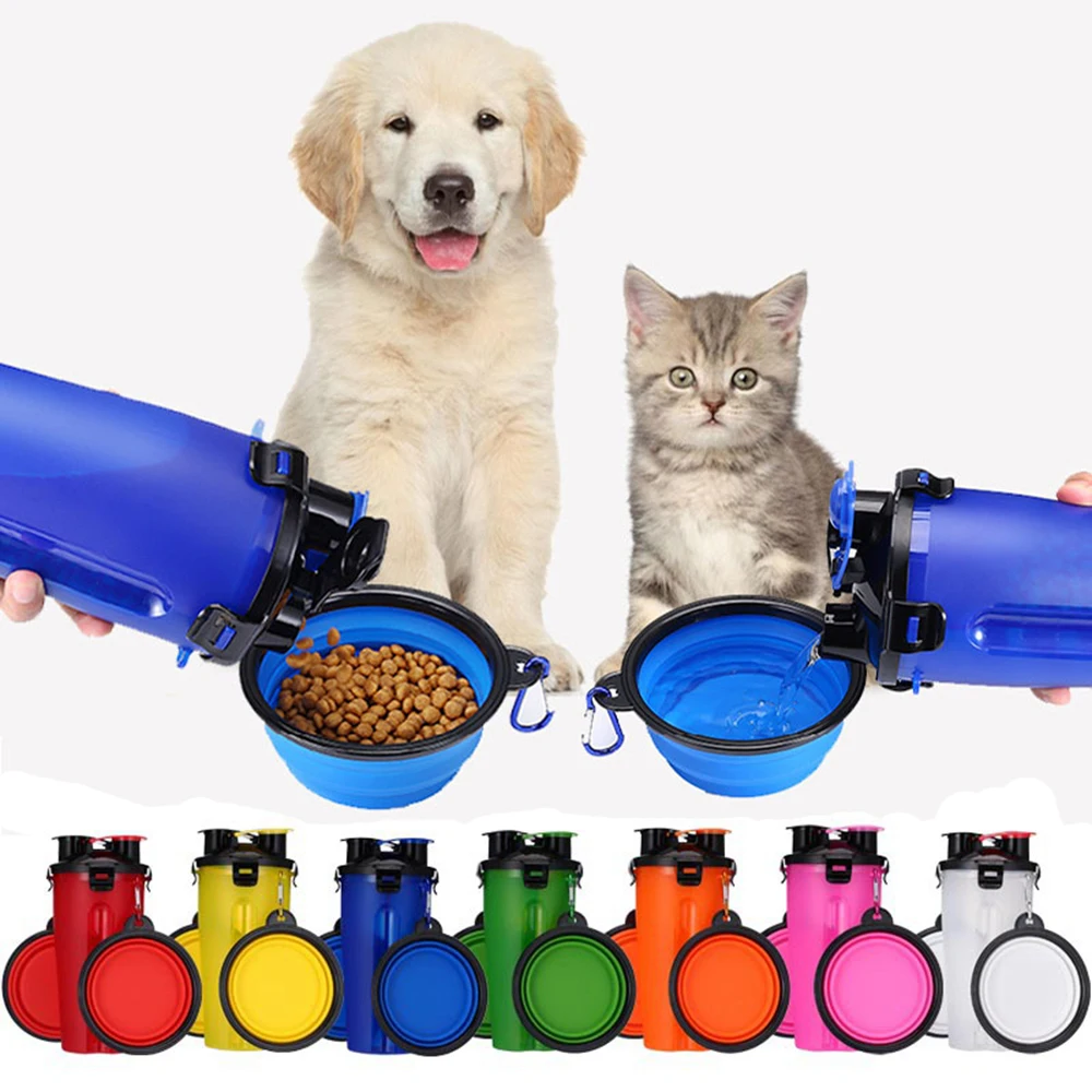 

Portable 2 in 1 Pet Food Water feeder Outdoor Travel Dual Purpose Food Container With 2 Folding Silicone Bowls Dog Feeder Cup