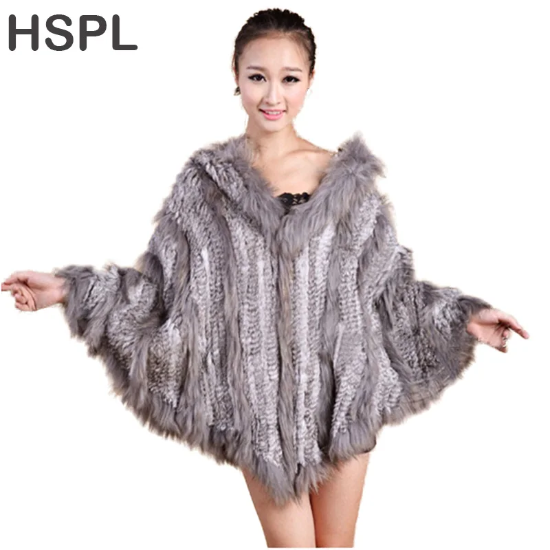 

HSPL Wholesale Ladies Large Rabbit Fur Poncho With Hood With Raccoon Dog Fur Trim