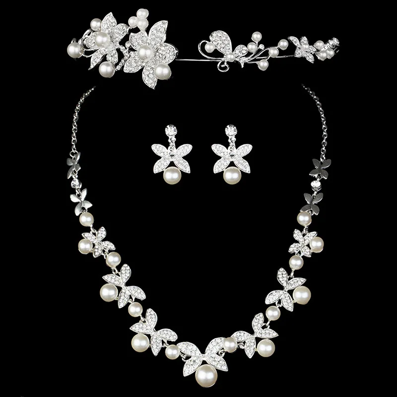

20set/lot Ladies Crystal Faux Pearls Beads Earring & Necklace Leaves Design Party Wedding Bride Jewelry Set jz007