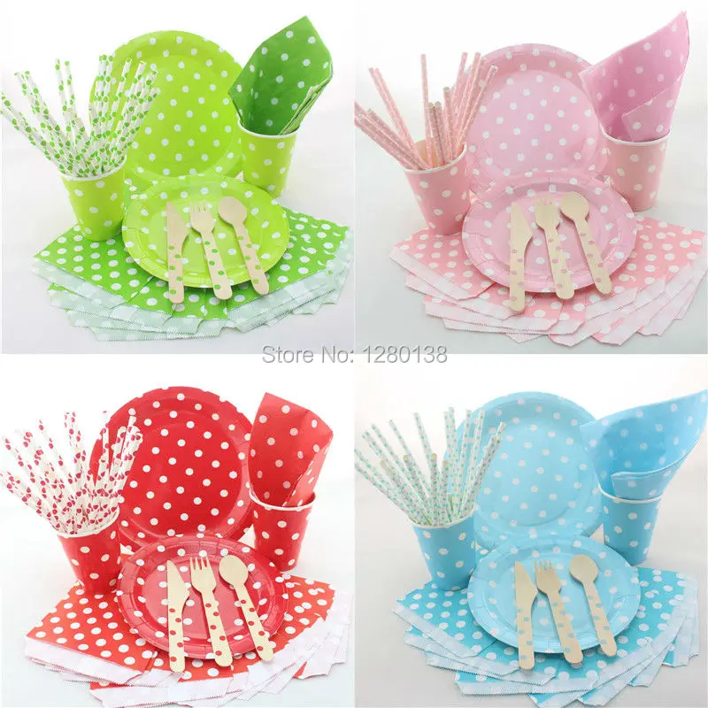 

300 Set Wedding Party Decor Blue Polka Dot Tableware, Eco-friendly Paper Straws, Plates, Cups, Napkins, Bags, Wooden Cutlery