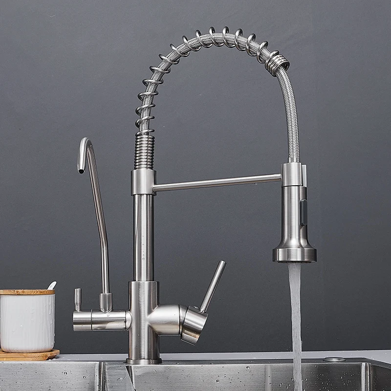  Nickel Spring Pull Down Kitchen Faucet Dual Spouts 360 Swivel Handheld Shower Kitchen Mixer Crane H - 33045520559