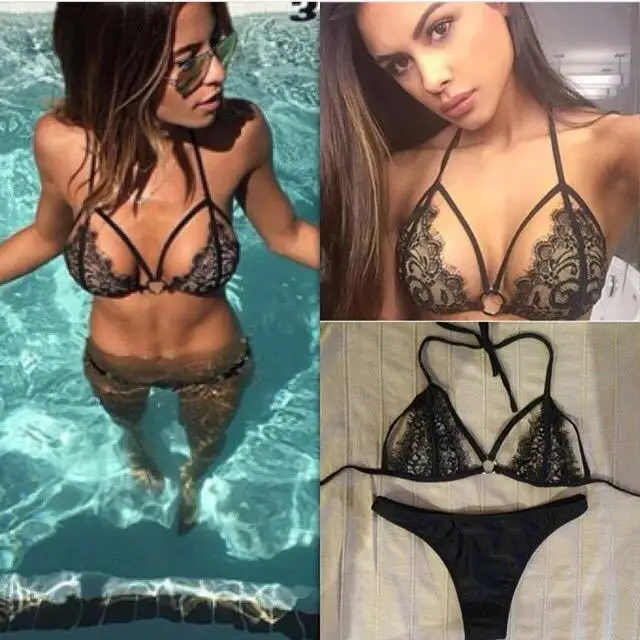 

New Model Sexy Lace Women Bikini Set Solid Mesh Split Swimsuit Swim Two Pieces Triangle Swimwear Biquini Bathing Suit