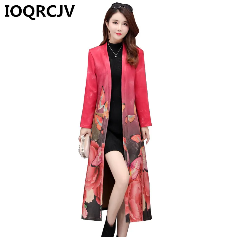 

Women Suede Trench Coat 2019 Autumn Long Sleeve Casual Windbreaker Spring Female Loose Printed Flower Outwear Large Size 5XL 564