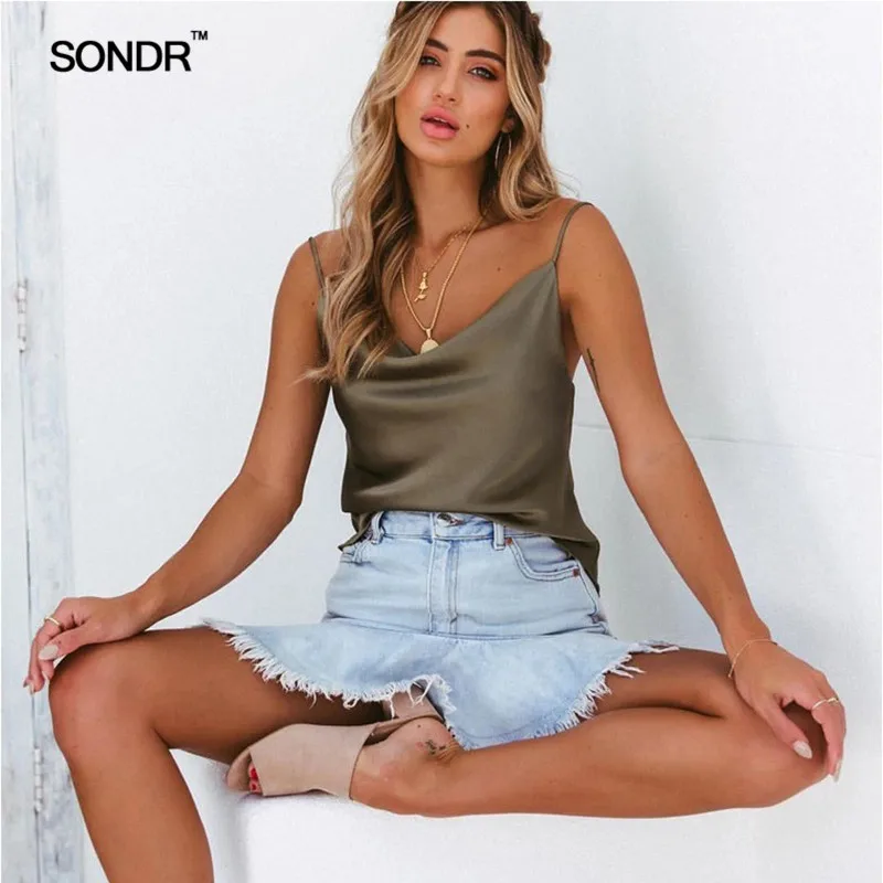 SONDR 2019 Summer Plus Size Women Silk Satin Blouse Camis Sleeveless Strappy Vest Top Tee Costume Casual Shirt Ladies Clothes SONDR 2019 Summer Plus Size Women Silk Satin Blouse Camis Sleeveless Strappy Vest Top Tee Costume Casual Shirt Ladies Clothes