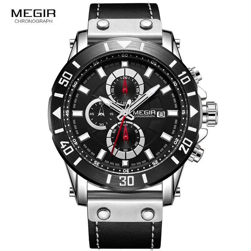 

Megir Chronograph Quartz Watches Men Leather Strap Top Brand Luxury Sports Wristwatch for Man Military Relogios Clock 2081 Black