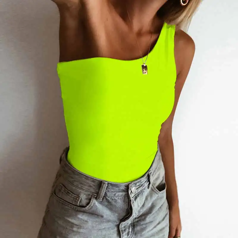 Neon Green Saimishi, флуоресцентный зеленый летний женский комбинезон без рукавов, модный неоновый цвет, на одно плечо, обтягивающий комбинезон, милая одежда, боди для девочек - Цвет: Neon Green