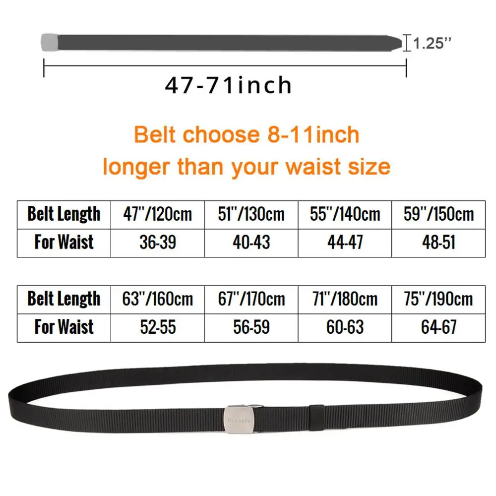 Drizzte Adjustable Belt 47-75/'/' Mens Elastic Stretch Nylon YKK Plastic Buckle