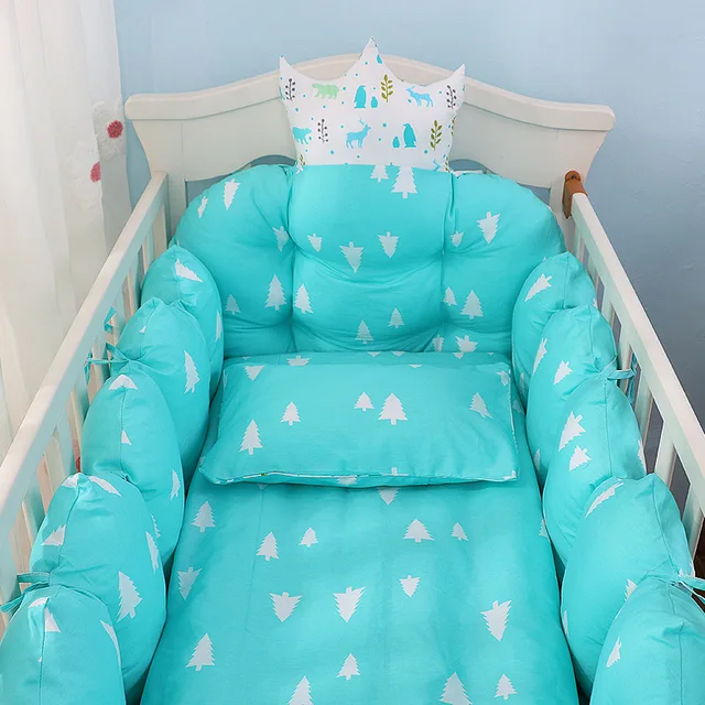 100% Cotton Crib Bed Linen Kit,Crown Design Baby Crib Bedding Set,Baby Bedding Set Includes Bumpers+Pillow+Quilt+Mattress cover 5