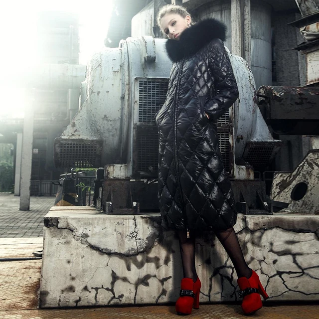 Cheap 2013 Winter Women High-end Luxurious Raccoon Fur collar Slim Down jacket Long Rhombic Grid Removable Hooded 2XL Coat Free EMS