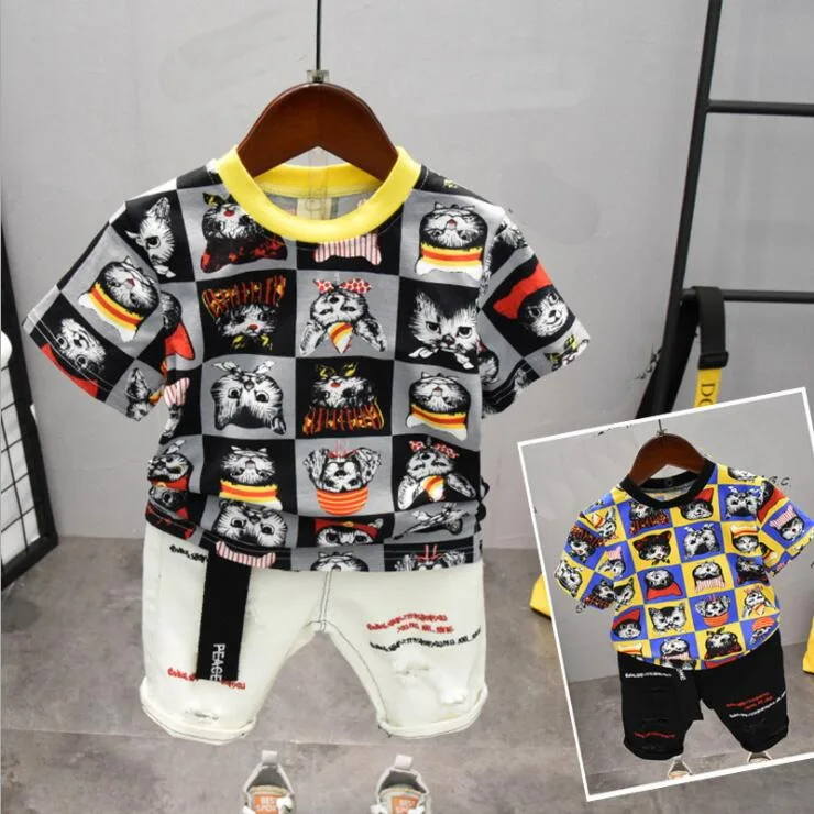 

Fashion European Style Summer Boys Clothes Sets Cartoon Cat T-shirts+Pants 2pcs Cotton O-Neck Kids Clothes Set 2-6years