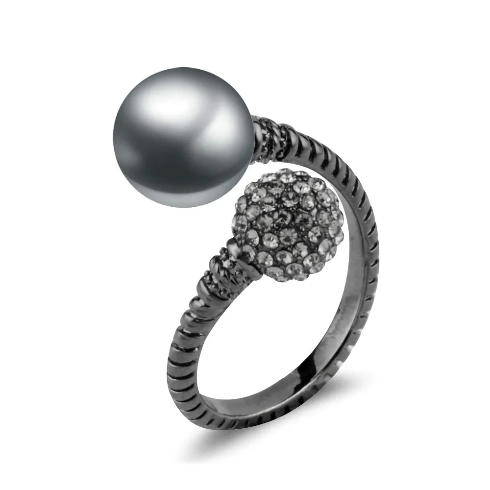 

LEEKER Elegant 10MM White Gray Pearl Crystal Ball Rings Adjustable Open Silver Black Ring Retro Jewelry 93177 LK9