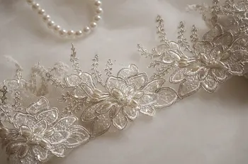

silver lace trim, ivory pearl beaded lace trim, ivory alencon scalloped sequined trim lace 10 yards