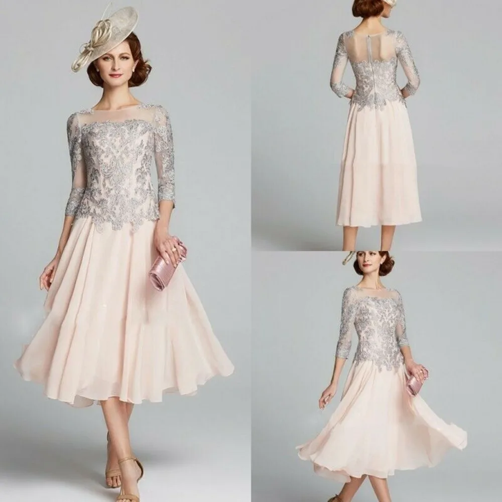 

2019 Chiffon Mother of the Bride Dresses 3/4 Long Sleeves Evening Gowns Custom Tea-Length A-Line Wedding Guest Dress