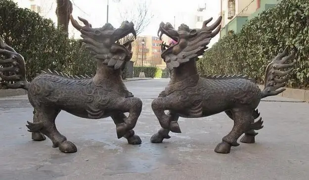 

Huge China bronze Evil Door Foo Dog Dragon kylin Lions Feng shui statue pair