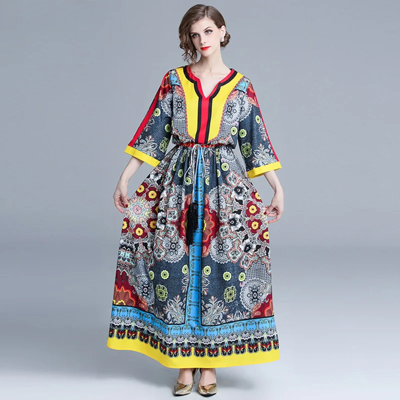 

Banulin Runway Long Dress Designers 2018 Fall Bohemian Boho Style Royal Vintage Floral Print Loose Maxi Dress Vestidos de Fiesta