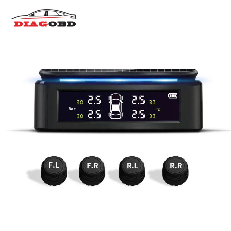 Beste Wireless Solar Power Auto TPMS met Sfeer Licht Smart Bandenspanningscontrolesysteem voor Auto Beveiliging Band Alarm Gauge