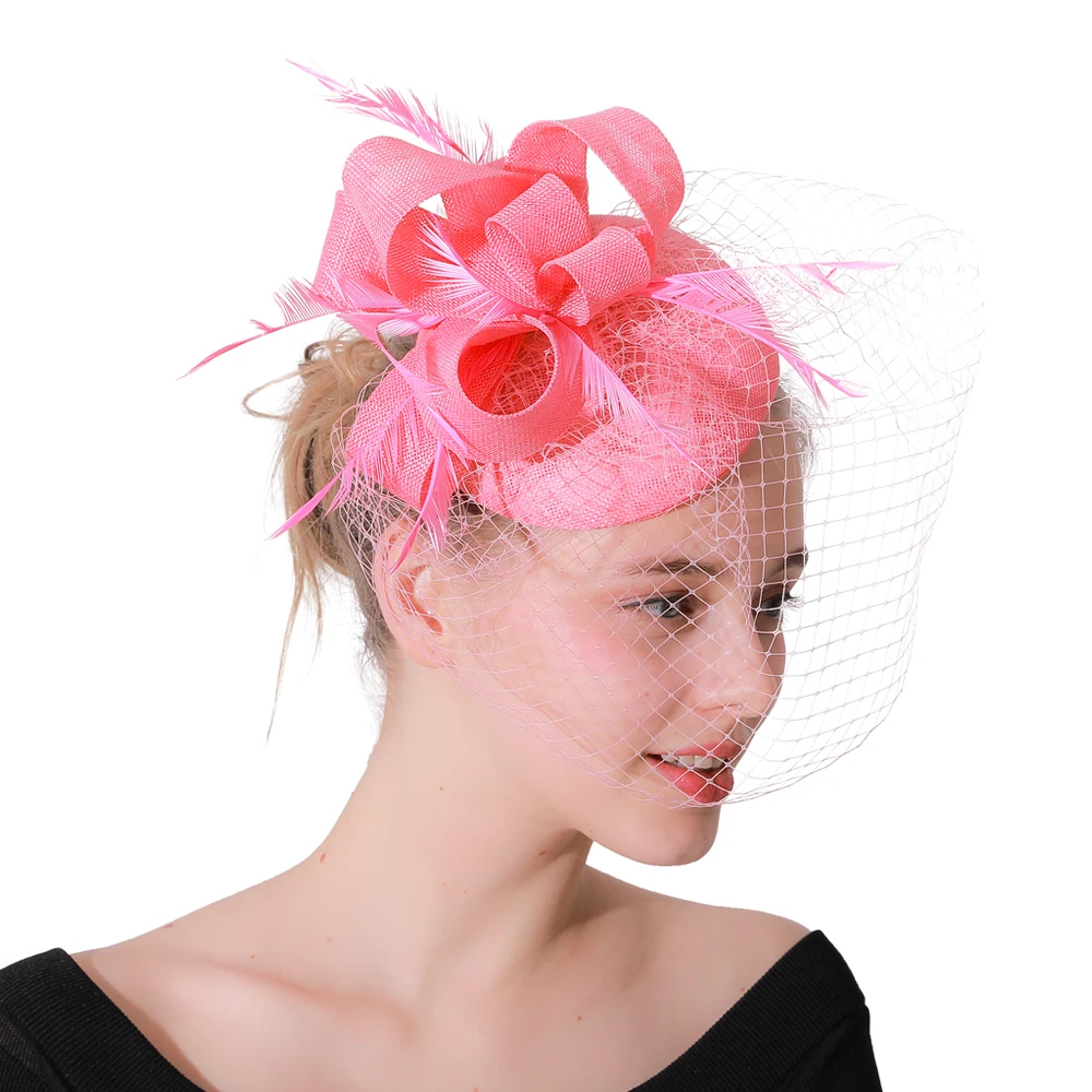 

Fashion Women pink Mesh Fascinator Hat Feather Wedding veils Party Hat Ladies bridal Amazing hair accessories 2019 New arrival