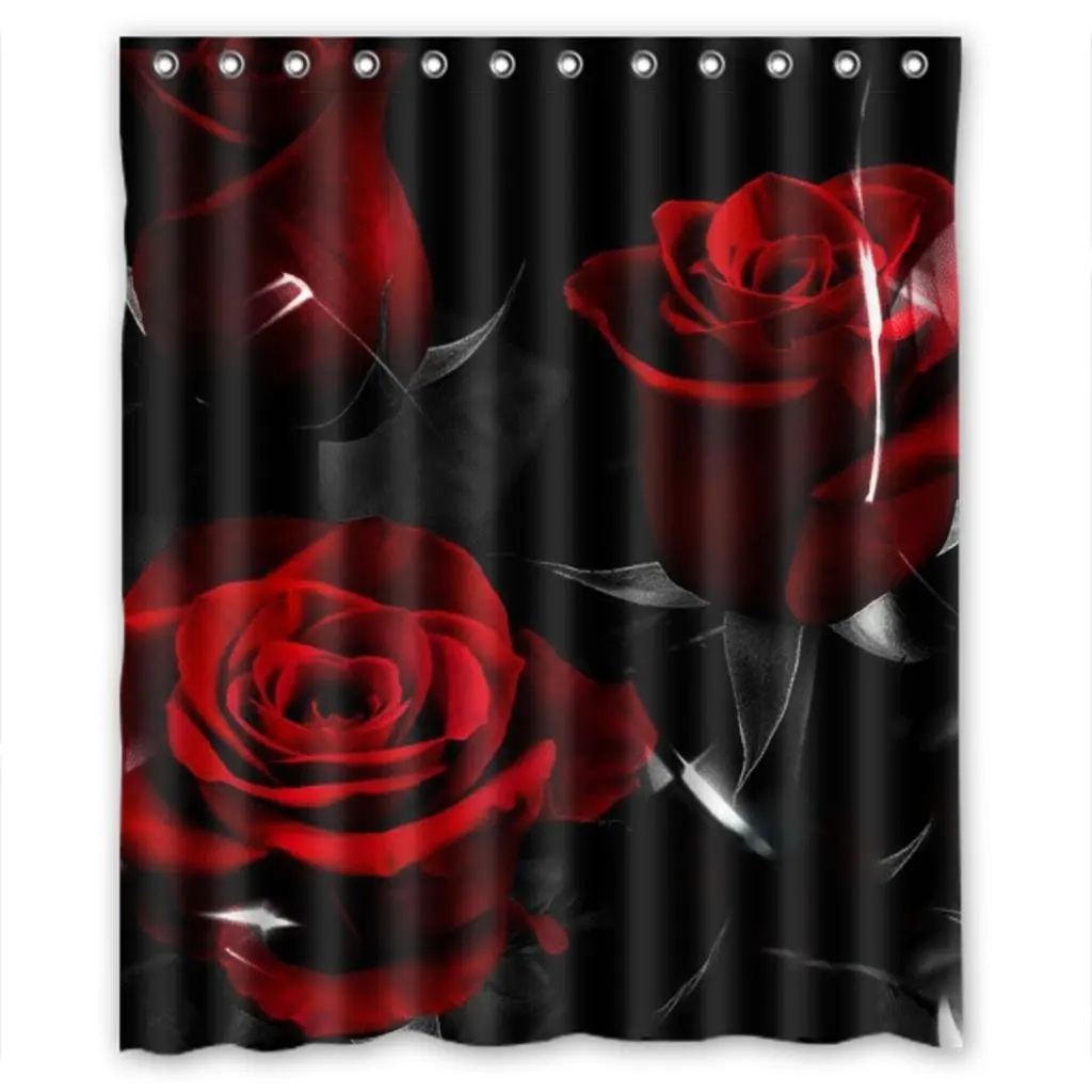 

CHARMHOME Custom Fabric Waterproof Polyester Flower Shower Curtain Glam Fire Red Rose and Black Leaves Home Bathroom Curtains