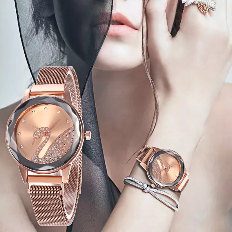 

WJ-8545 Creative Swan Watch Women Luxury Gold Diamond Crystal Quartz Lady Wrist Watch Waterproof Female Wristwatch montre femme