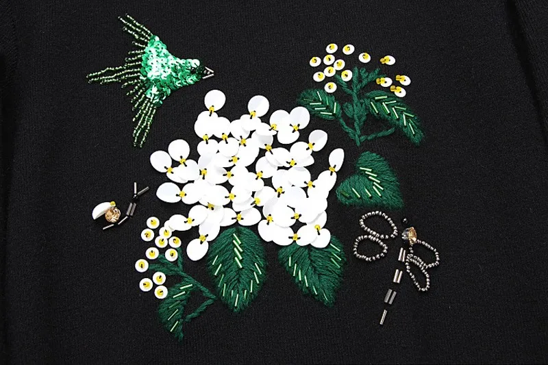 Осень Зима Европейский и американский роскошный дизайн Бисероплетение птица блестками свитер с цветочным рисунком женские вышивка лист трикотажные топы SY1236