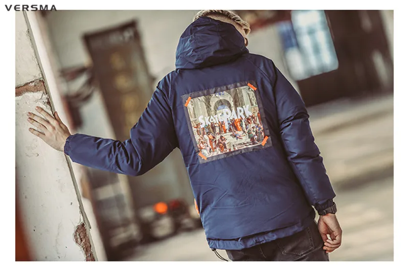 VERSMA 2017 Зима японский Harajuku с капюшоном толстые парки куртки пальто для будущих мам Для Мужчин Печатных хип хоп Уличная BF негабаритных