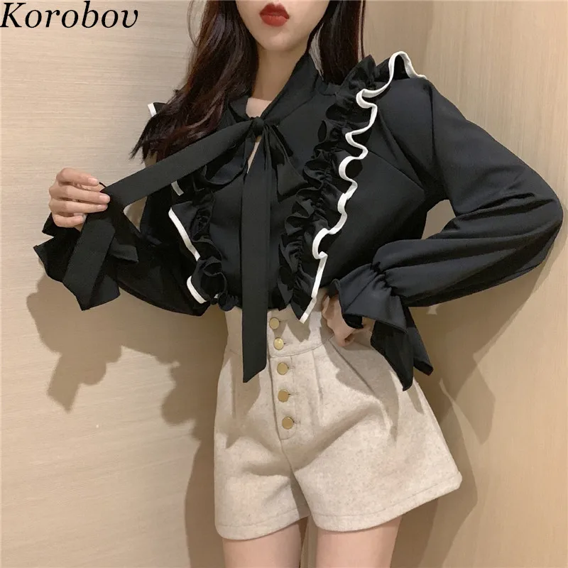 

Korobov Women Shirts Korean Patchwork Ruffles Female Blouse Vintage Lacing Bow Collor Blusas Flare Sleeve Mujer Shirts 76651