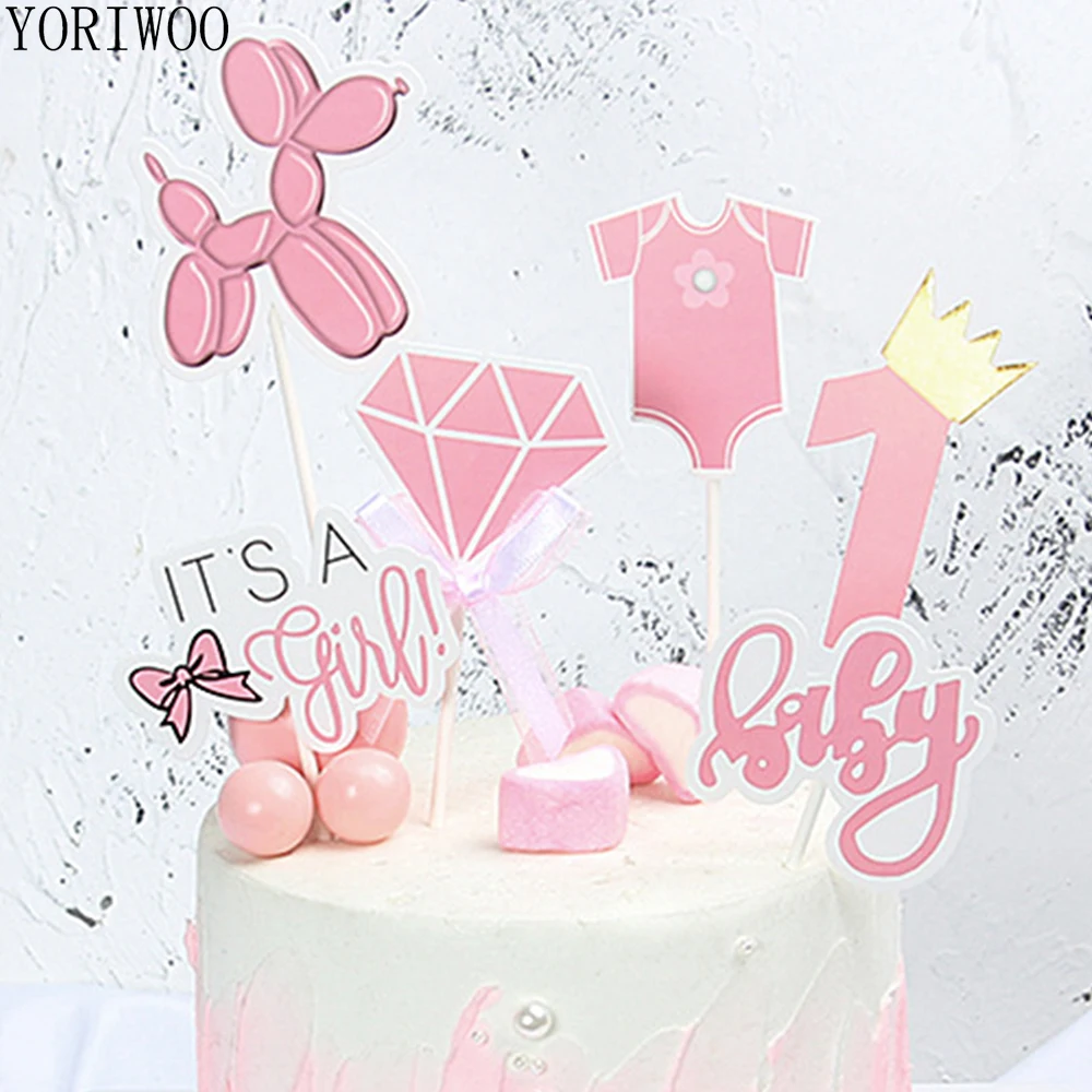 

YORIWOO 6pcs Baby Shower Boy Paper Cupcake Toppers Happy Birthday Cake Topper One 1st Birthday Party Decorations Kids Its A Girl