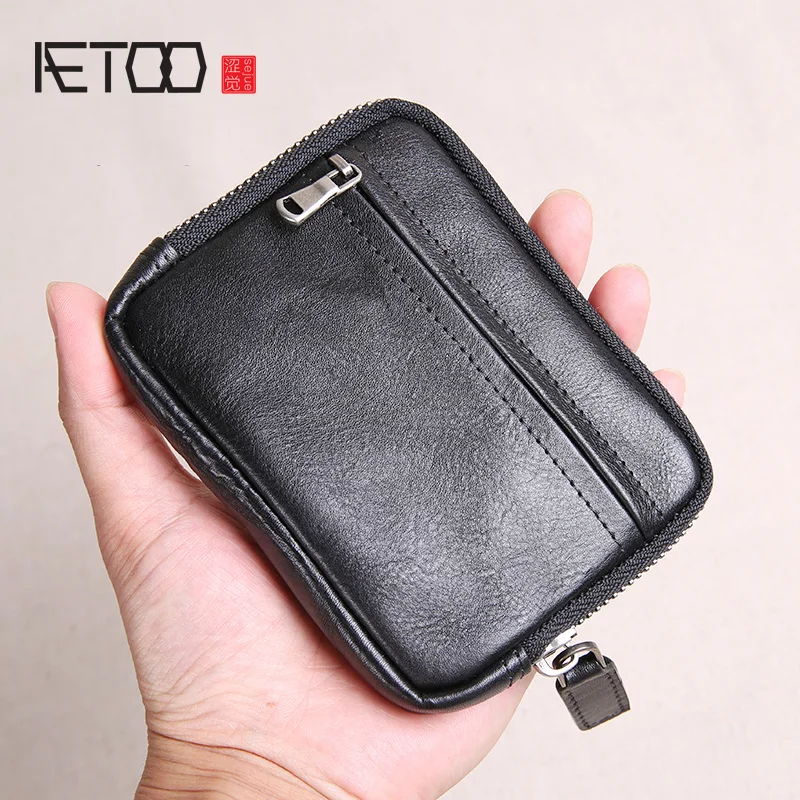 

AETOO Leather small wallet, men's short trend student zipper zero wallet, simple leather ultra-thin hand bag