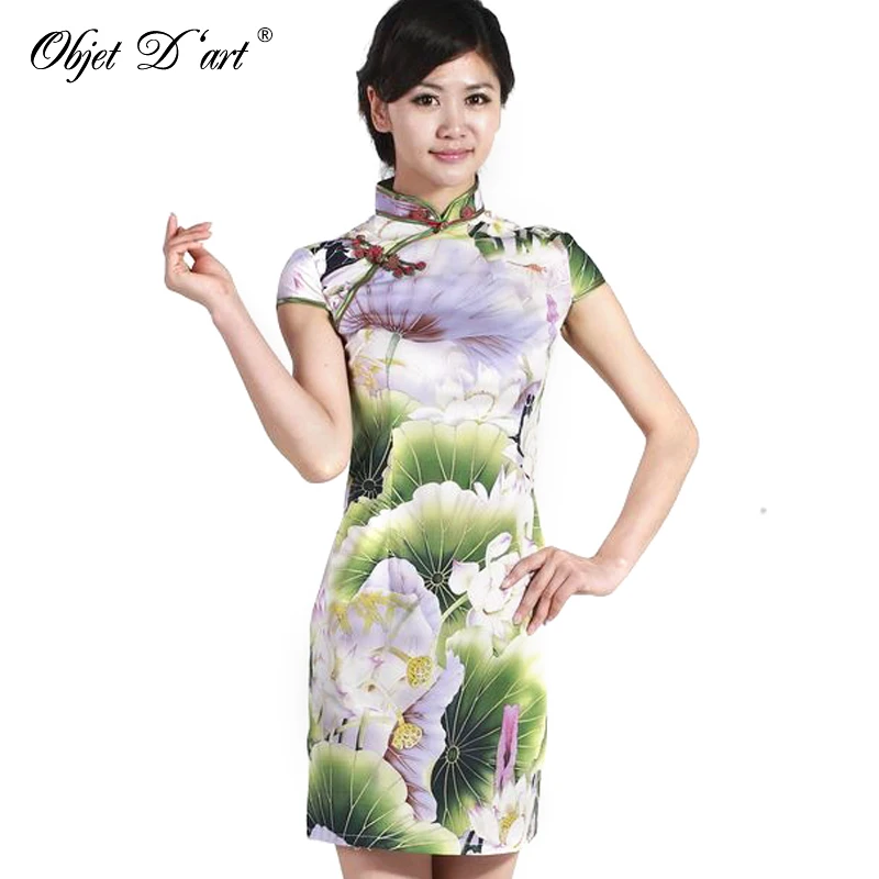 New Design Lotus Print Summer Cheongsam Dress Casual Slim Bodycon Qipao Party Oriental Traditional Mini Short Satins | Тематическая