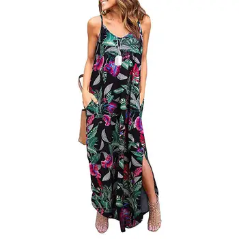 

Spaghetti Strap Vest Dresses Split Fashion Sweet V Neck Women Flower Pattern Holiday Beach Casual Long Maxi Dress new