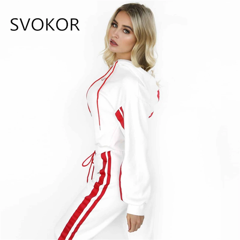 

SVOKOR Women Set Autumn Loose Casual Fashion Solid Fitness Set Polyester Spandex Colorblock striped short hooded sweater suit