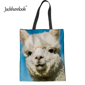 

Jackherelook Canvas Bag Women Funny 3D Animal Alpaca Printed Reusable Shopper Bags for Ladies Tote Grocery Bag Handbags Foldable