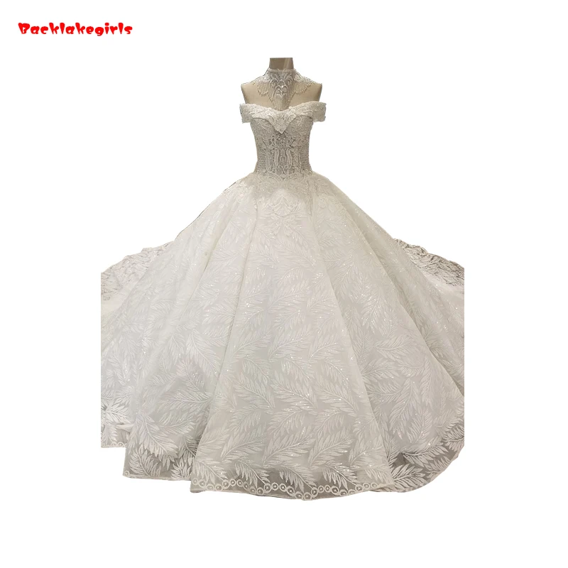 

01748 Alibaba Muslim Bridal Gown Sexy Off Shoulder Corset Beading Long Train Crystal Ball Gown Wedding Dress