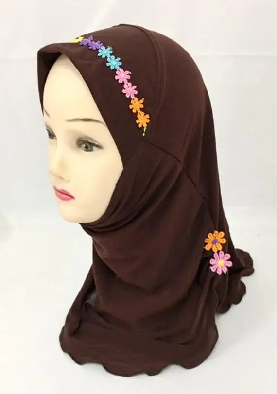 Девочки Дети мусульманский красивый хиджаб исламский, арабский шарф шали цветочный узор - Цвет: Dark Coffee