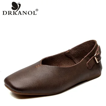 

DRKANOL Vintage Genuine Leather Slip On Flat Shoes Women Casual Loafers Moccasins Ballet Flats Shoes Square Toe Ladies Shoes