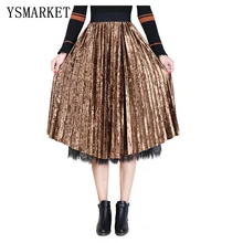 Ysmarket осень-зима Для женщин Миди-юбки большие качели бархат шить Кружево Высокая талия Элегантный Для женщин плиссированные Юбки для женщин ebq080