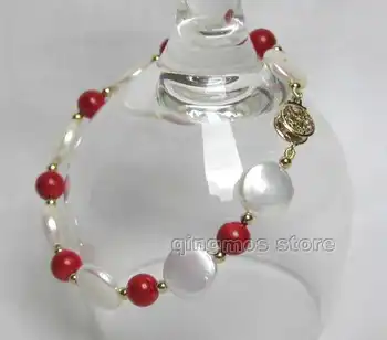 

SALE Big 12-13mm Coin Natural white Freshwater pearl and red 6mm coral 7.5" bracelet-bra1721 Wholesale/retail Free shipping