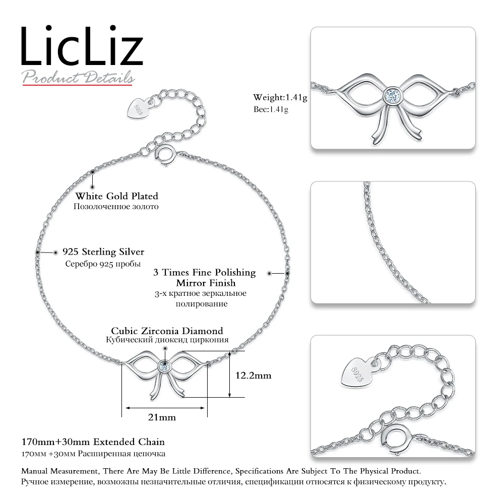 LicLiz браслет-цепочка из стерлингового серебра 925 женский браслет из кубического циркония шарм узел галстук бабочка браслет LB0098