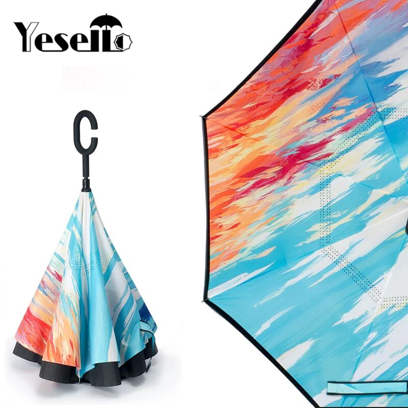 

Yesello Colorful Double Layer Inverted Holidayli Windproof UV Protection Reverse Umbrella Travel for Car and Outdoor C-Shape