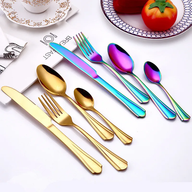 

16pcs 24pcs Colorful Tableware Set 304 Steel Stainless Creative Plating Gold Knife Fork Spoon Dinner Kits Elegant Food Cutleries