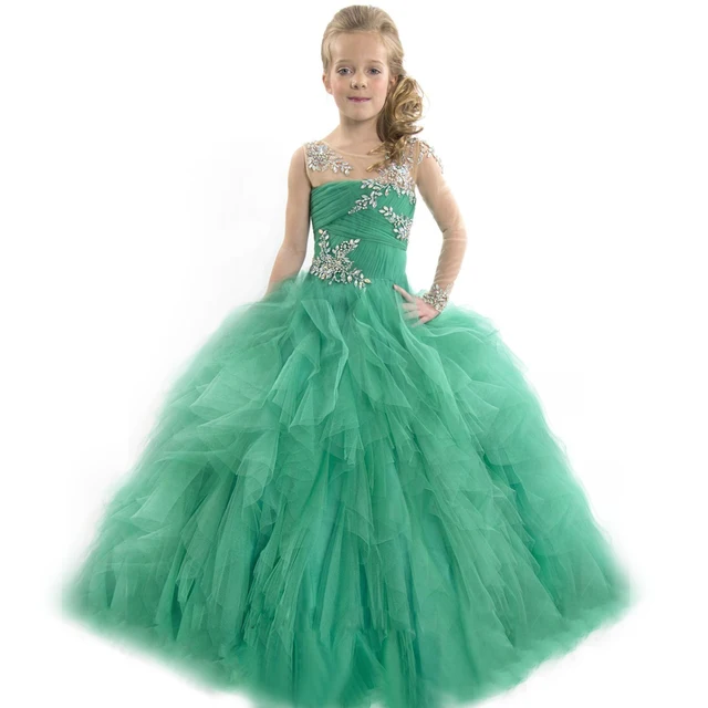 Cheap Gorgeous Vestidos Comunion Ninas Sheer Neck Crystal Appliques Sleeveless Little Princess Pageant Tulle Ball Gowns Christmas 2016
