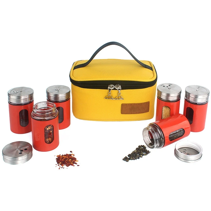 

6Pcs Outdoor Seasoning Bottle Set Stainless Steel Glass Bottle Camping Barbecue Picnic Seasoning Tank Kitchen Seasoning Box