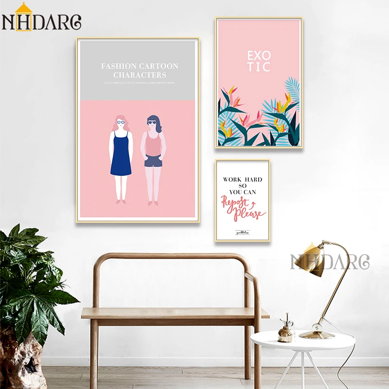 

Posters and Prints Canvas Art Painting Fashion Cartoon Pink Characters Plant Wall Pictures for Living Room Kids Room Home Decor