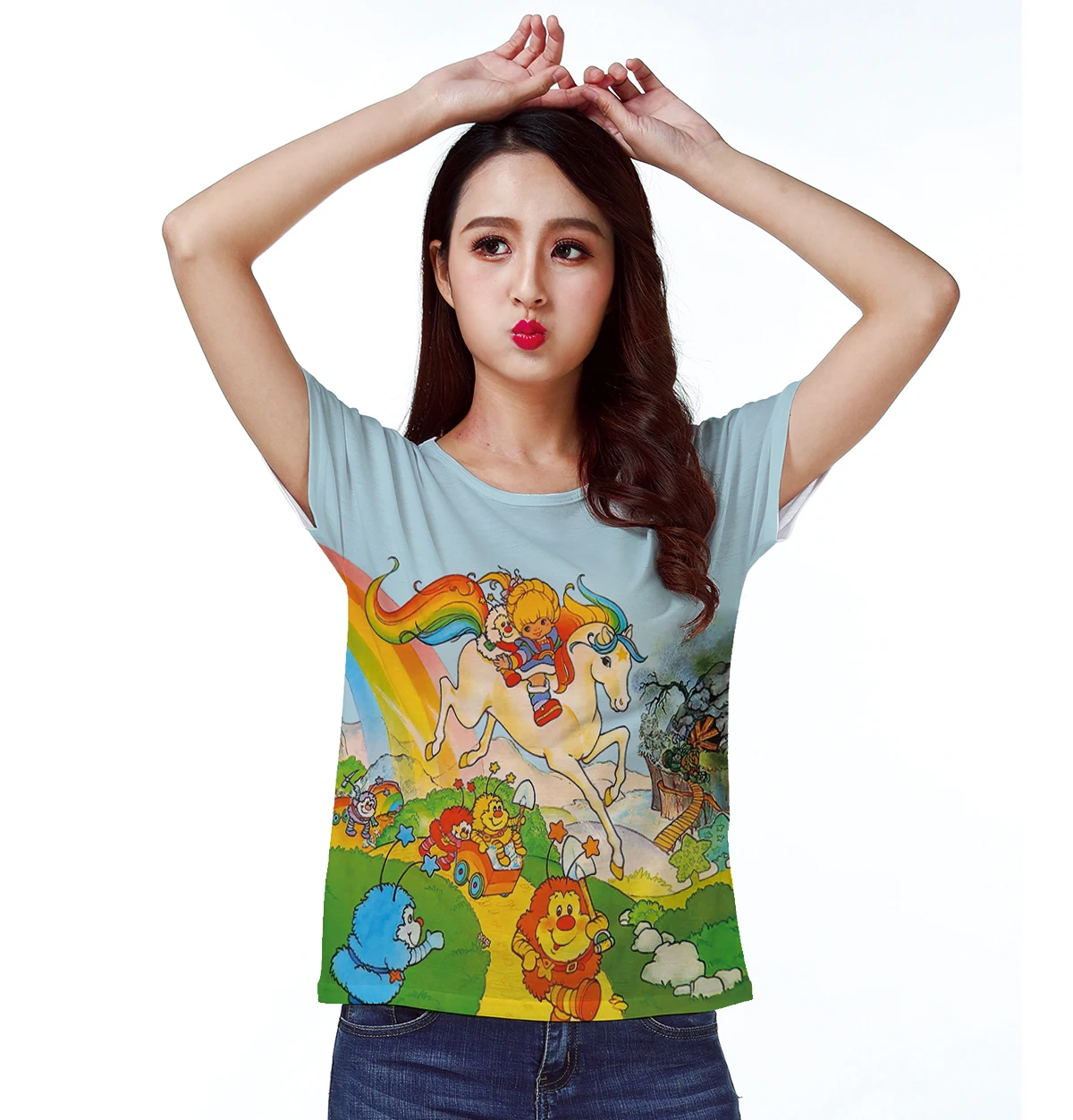 

Track Ship+New Vintage Retro T-shirt Cartoon Childhood Lorie Girl Horse Rainbow 1725