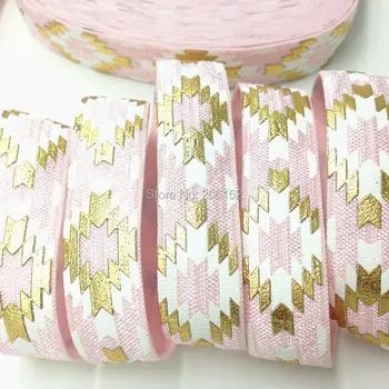 

High Quality Gold Foil Aztec Print Fold Over Elastic Ribbon 5/8" Pink Aztec FOE Ribbon For DIY Hair Accessories 10Yards/lot