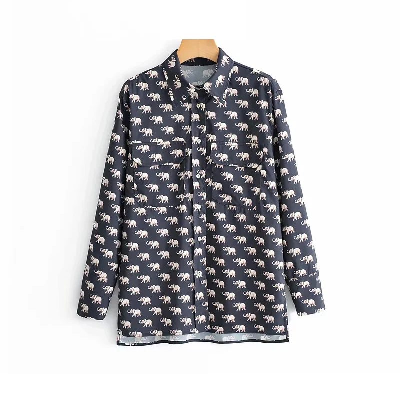 

Elephant Print Women Shirts 2019 Spring-Autumn Short Front Long Back Blouses Chic Ladies Animal Printed Shirt Girls Tops femme