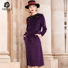 L~ 4XL 5XL, большой размер, пурпурная юбка, комплект из двух предметов, осенне-зимние костюмы, бархатный костюм с длинными рукавами, Женская юбка, наряд A3864
