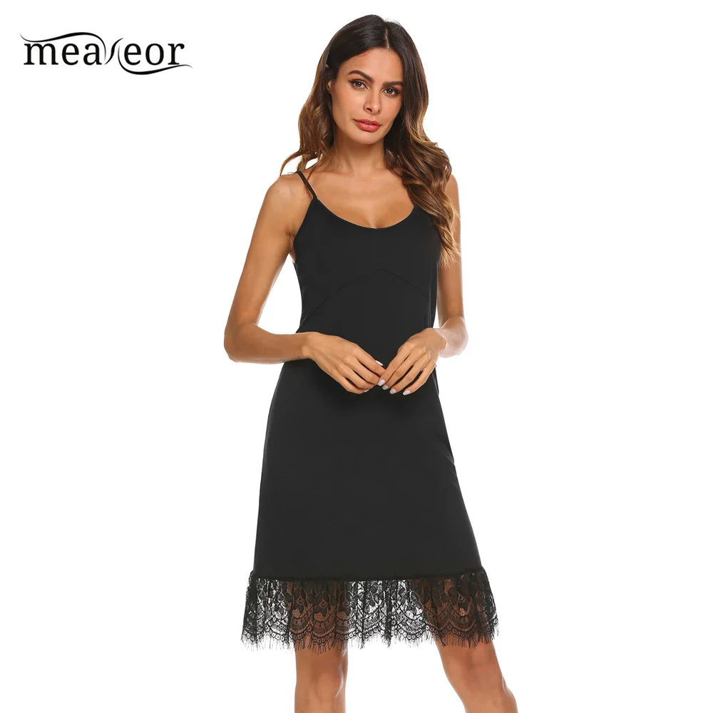 Meaneor Casual Black Lace Hem Dress Women Summer Sleeveless Adjustable Spaghetti Strap Camisole Slip Top Dress Extender Dresses