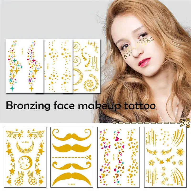1 ورقة الذهب الوجه فلاش الوشم StickersFashion للماء منعت النمش يشكلون هيئة الفن العين الشارات العروس القبيلة حزب