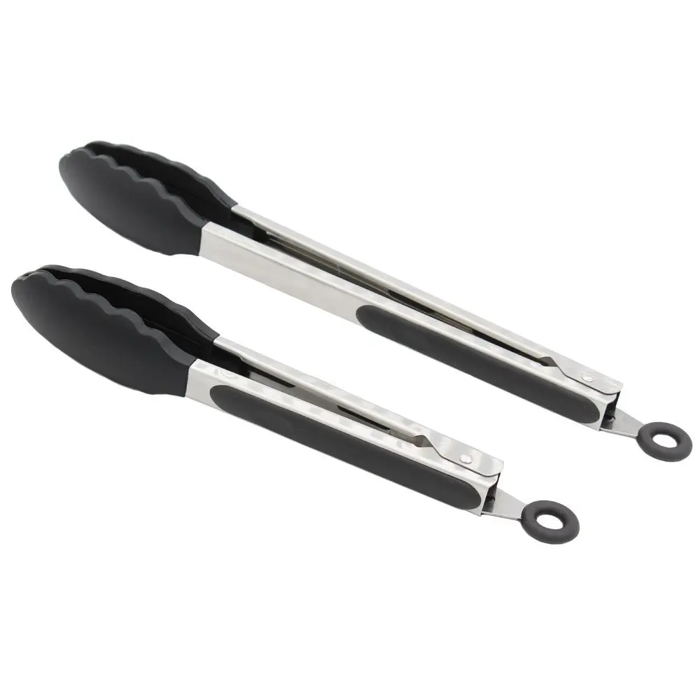 2 Piece Kitchen Cooking Tongs Black Food Tongs BBQ Grill Accessories